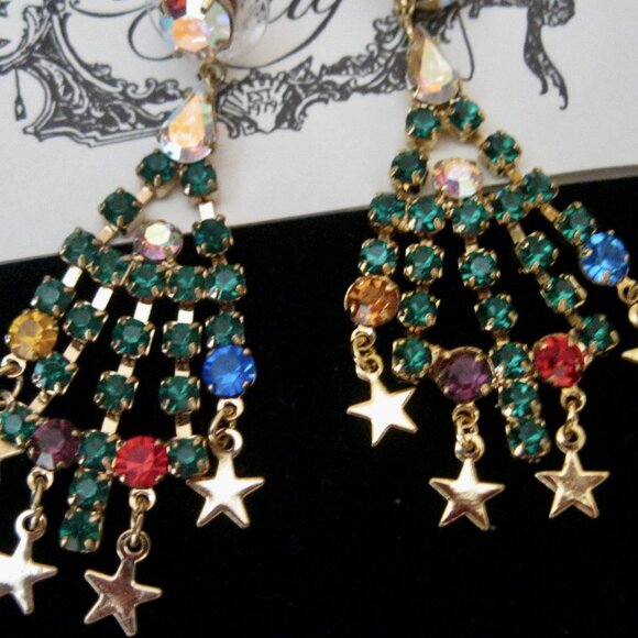 KIRKS FOLLY VERY RARE W/WONDERFUL COLORS/SPARKLES HOLIDAY TREE PIERCED EARRINGS - Picture 2 of 6